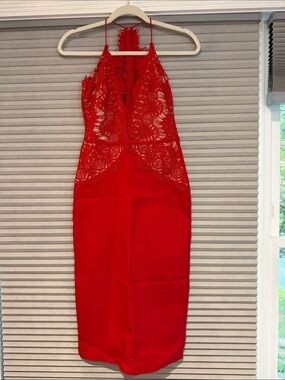 New Rare London Red Lace Halter Midi Dress
